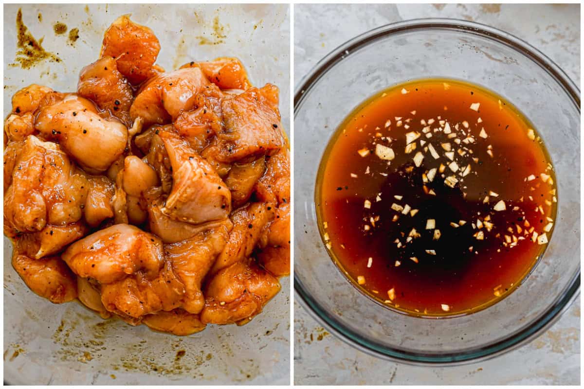 Two images showing Chinese black pepper chicken marinating in a bowl, then the yummy sauce to pour on after it's cooked. 