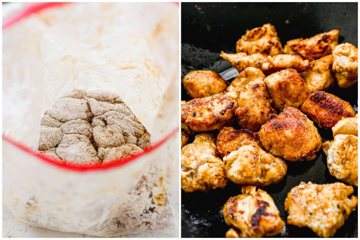 Two images showing how to make black pepper chicken by tossing the marinated chicken in cornstarch then after it's sautéed and cooked until golden. 