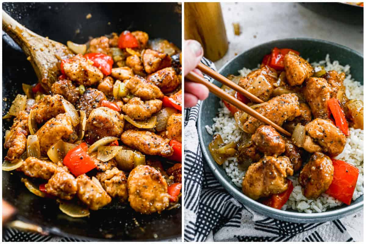 Two images showing the best Black Pepper Chicken recipe in a wok, then after it's served over rice with someone picking up a piece of chicken with chopsticks. 