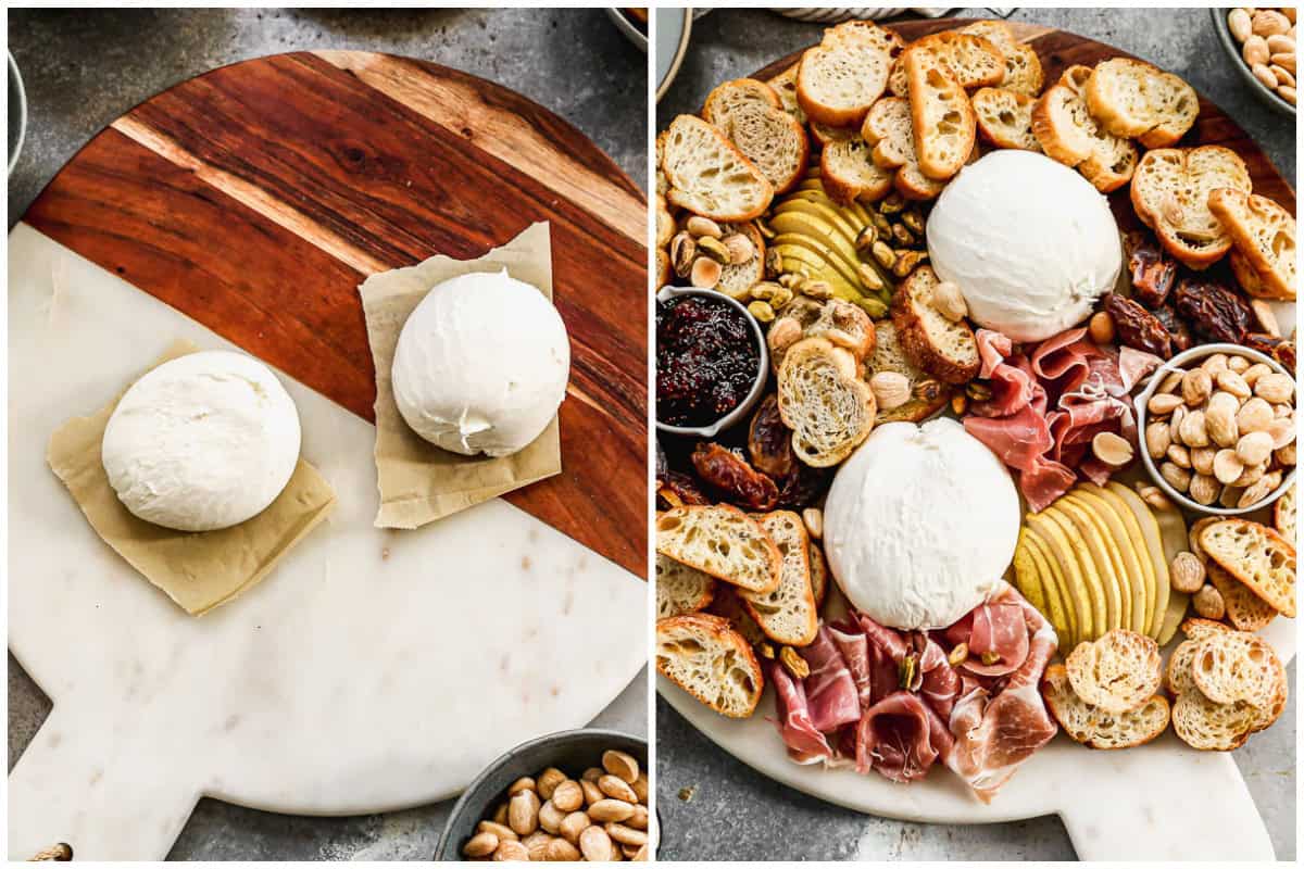 Two images showing how to serve burrata on a platter arranged in a charcuterie style board. 