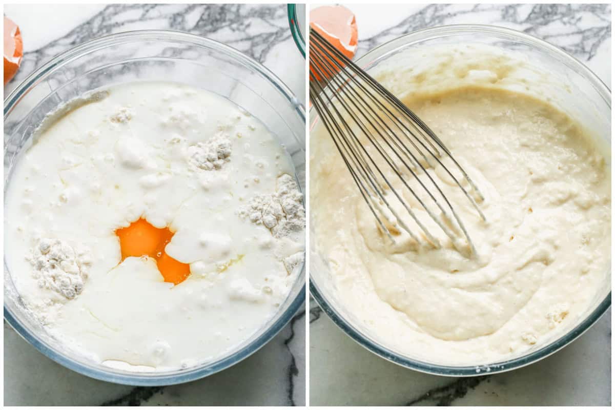 Two images showing how to make buttermilk pancakes by making the batter. 