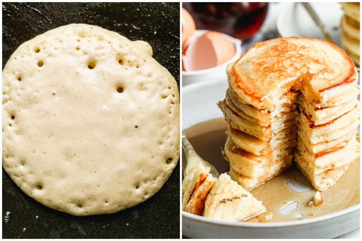 Two images showing the best buttermilk pancakes recipe ready to be flipped on a griddle, then after a piece is cut and on a fork ready to eat. 