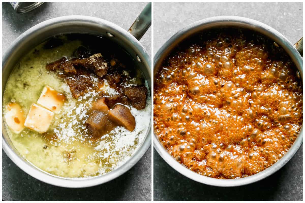 Two images showing how to make homemade caramel by combining butter, brown sugar, water, and salt in a saucepan then after it has been boiled and is a golden brown color. 