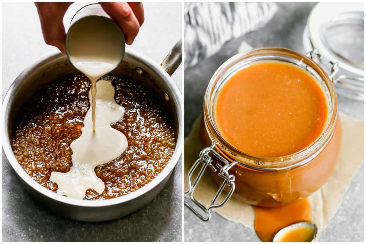 Two images showing evaporated milk being poured in a saucepan with a bubbly brown mixture, then after the easy caramel sauce has been mixed and poured in a glass jar for serving. 