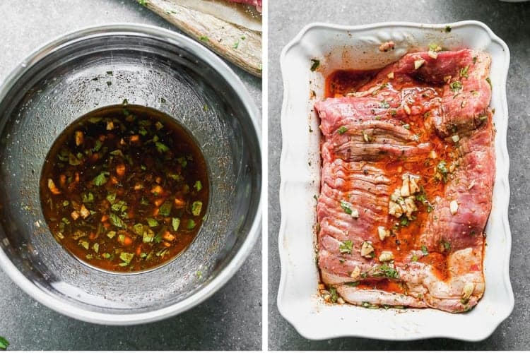 The marinade for carne asada next to flank steak marinating in the marinade.