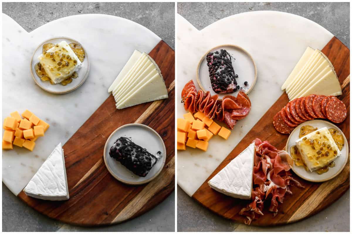 Two images showing how to make a charcuterie board by arranging the cheese then meat on a round tray. 