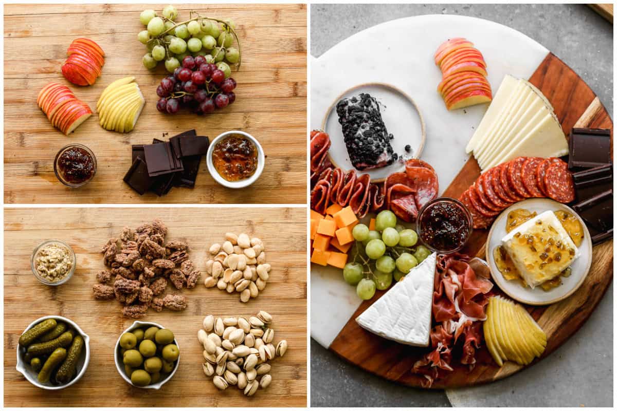 A collage showing how to make a charcuterie board with both savory and sweet accompaniments then after they are placed on the meat charcuterie board with the cheeses. 