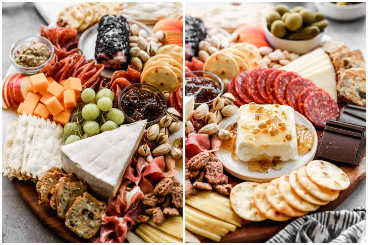 Two images showing a large, round charcuterie board filled with a variety of meats, cheeses, nuts, crackers, spreads, and fruit. 