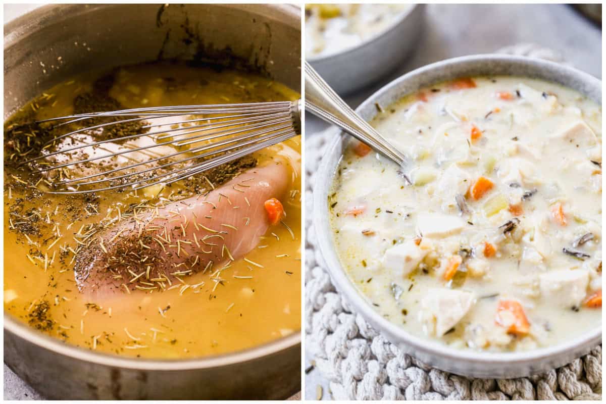 Two images showing raw chicken breasts added to a large pot of soup, then after the healthy chicken and wild rice soup is done and served in a bowl.