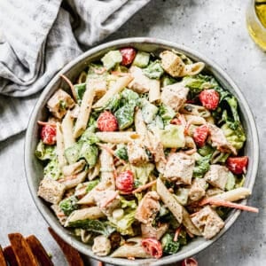 Chicken Caesar Pasta Salad in a serving bowl.