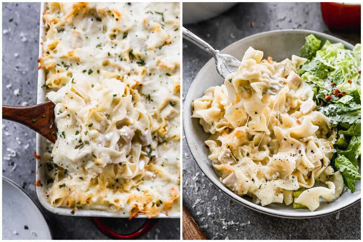 Two images showing a creamy chicken and noodles casserole freshly baked then after it's served on a plate next to a green salad. 