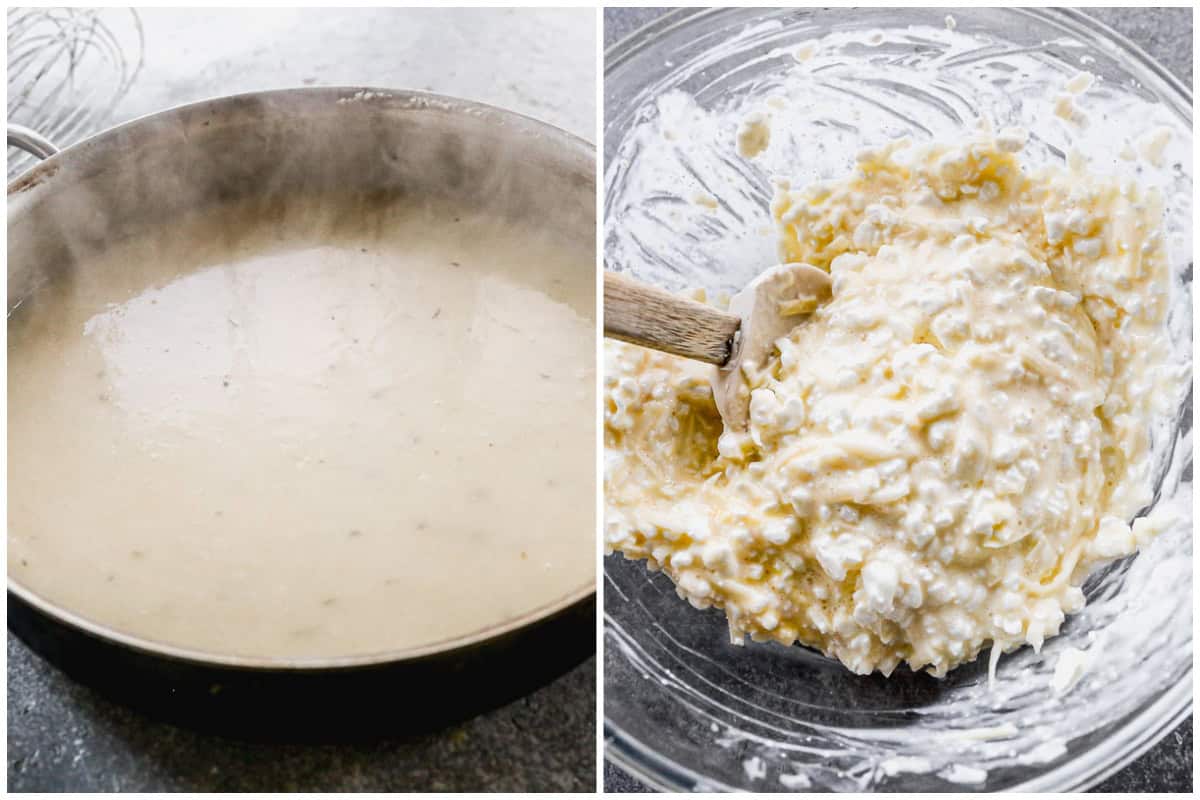 Two images showing a roux after chicken broth was added then parmesan, mozzarella, and cottage cheese in a mixing bowl for a chicken noodle soup casserole recipe. 