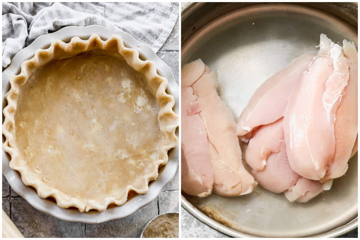 Two images showing a homemade pie crust in a pie dish then a pot of chicken breasts in water. 