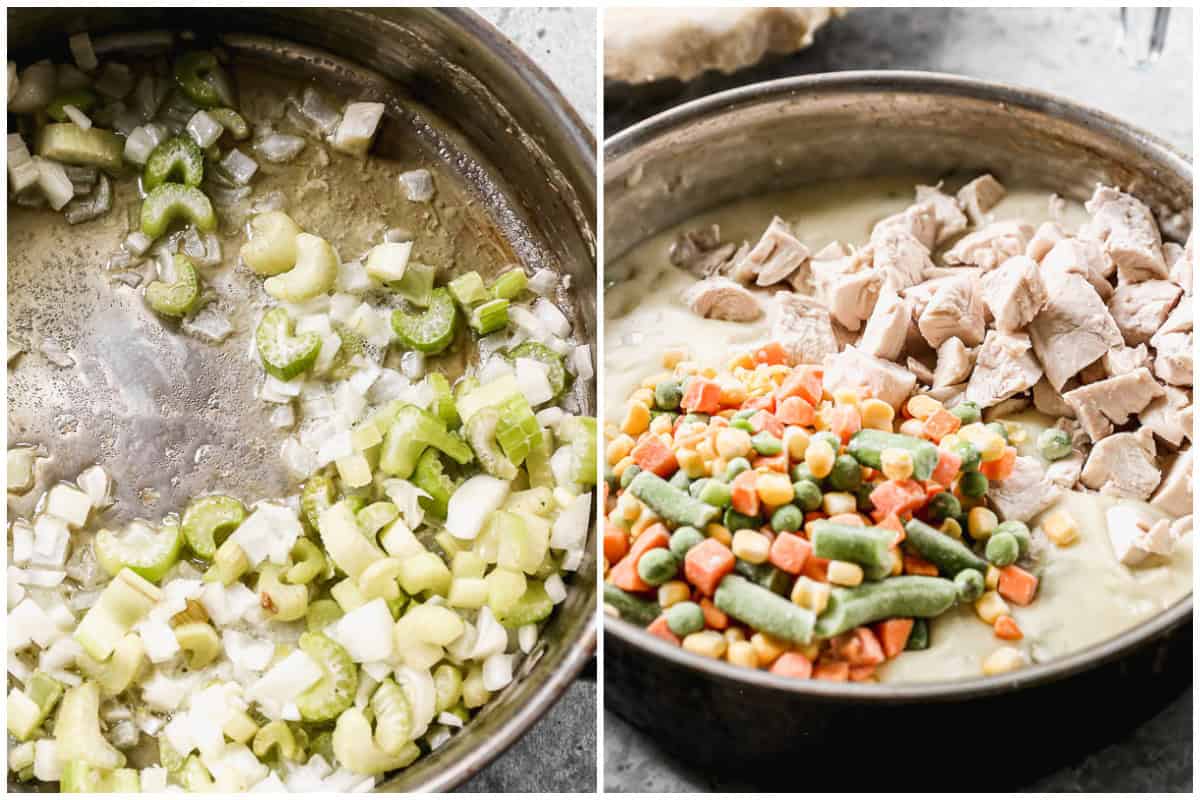 Two images showing how to make chicken pot pie by sautéing vegetables then stirring in frozen veggies and chopped chicken. 