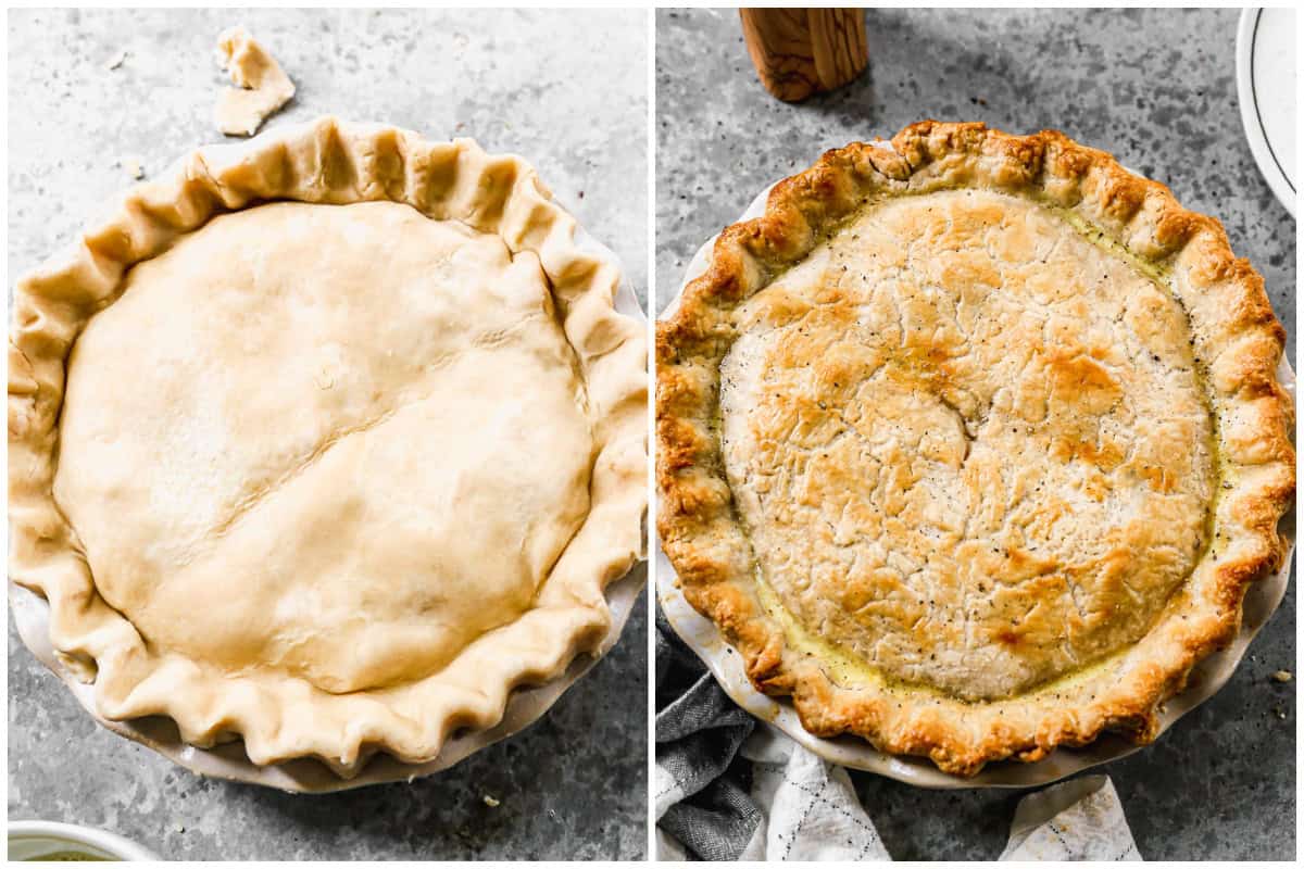 Two images showing an easy chicken pot pie recipe before and after baking. 