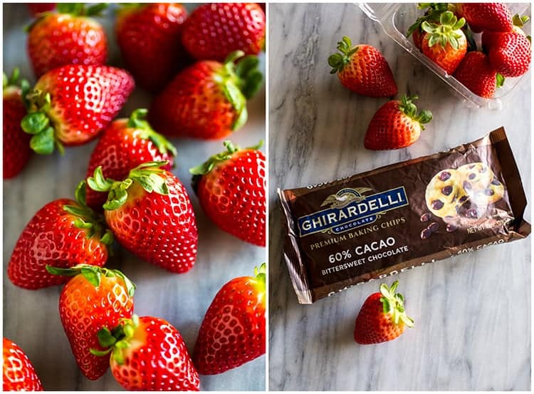 A close-up photo of strawberries on a white marble board next to another photo of a bag of Ghirardelli bittersweet baking chips on a white marble board with a container of strawberries in the background and a few strawberries scattered on the board.