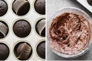 A muffin tin with baked chocolate cupcakes next to a bowl of chocolate buttercream.