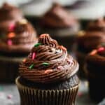 Chocolate cupcakes with buttercream frosting and sprinkles on top, lined up on a grey board .