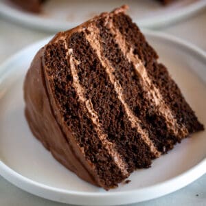 A slice of chocolate mousse cake on a plate.