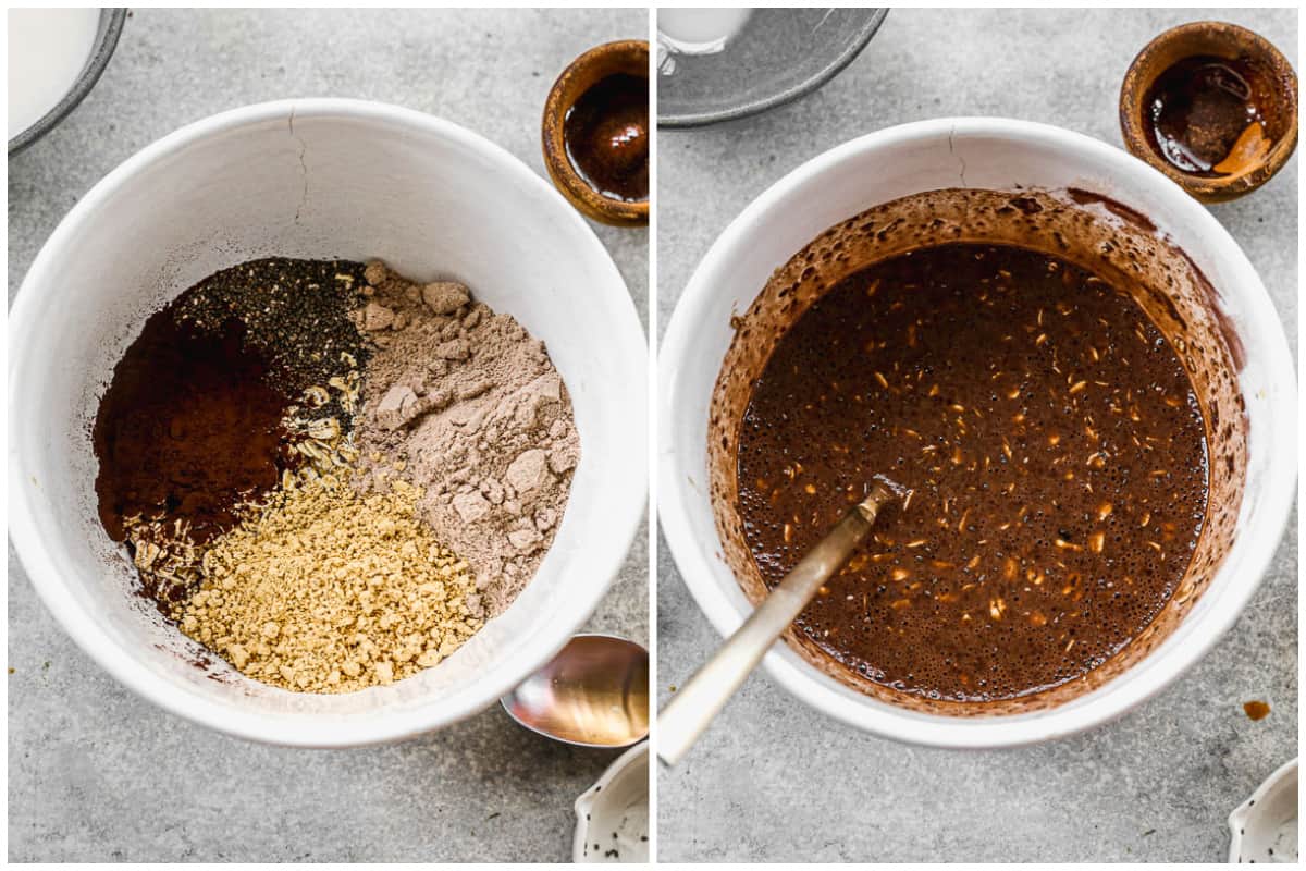 Two images showing all of the dry ingredients for overnight oats: oats, chia seeds, protein powder, cocoa powder, and powdered peanut butter in a mixing bowl, then the mixture after maple syrup, almond milk, and vanilla are added.