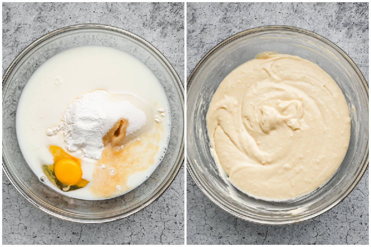 Two images showing a cinnamon bun cake batter before and after it's mixed. 