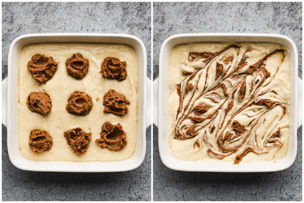 Two images showing spoonfuls of a cinnamon sugar mixture dropped evenly on top of a cake batter then after it's incorporated into stripes for a homemade cinnamon roll cake. 