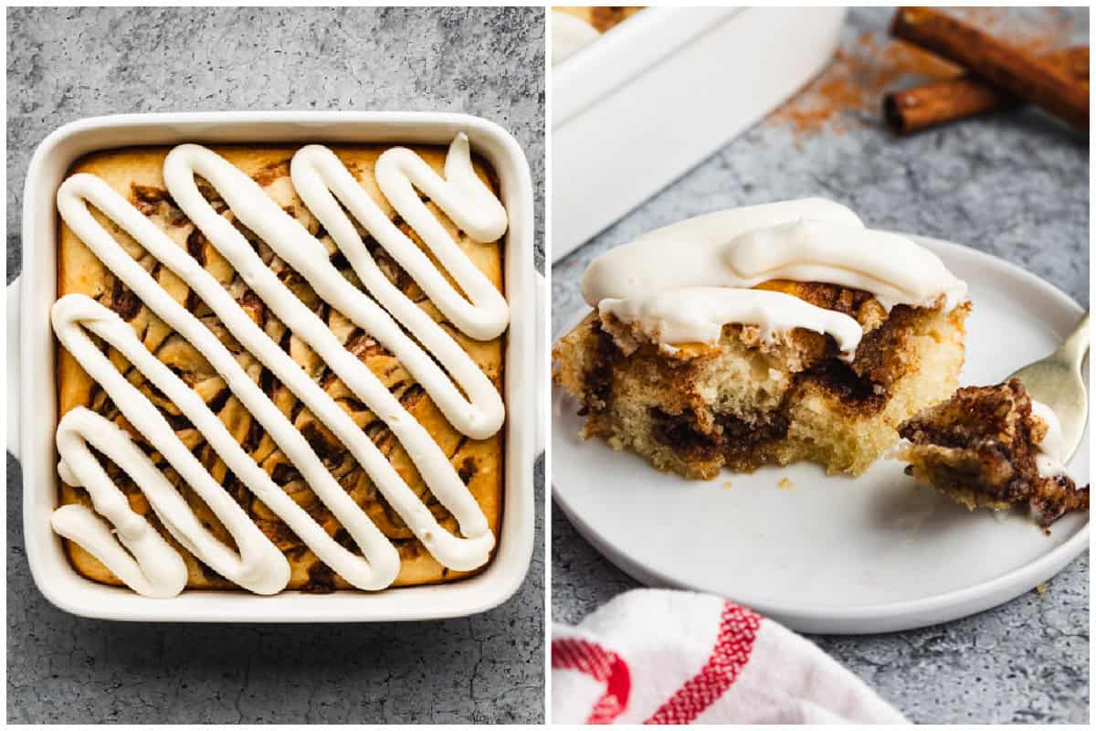 Two images a cinnamon roll cake with cream cheese frosting before it's cut and after a square is served on a white plate with a fork holding a bite. 