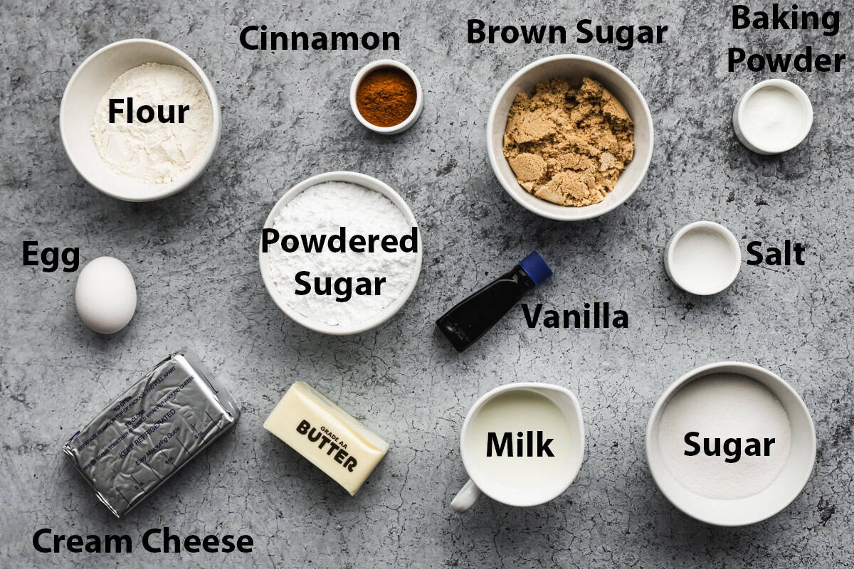 All of the ingredients needed to make the best Cinnamon Roll cake recipe. 