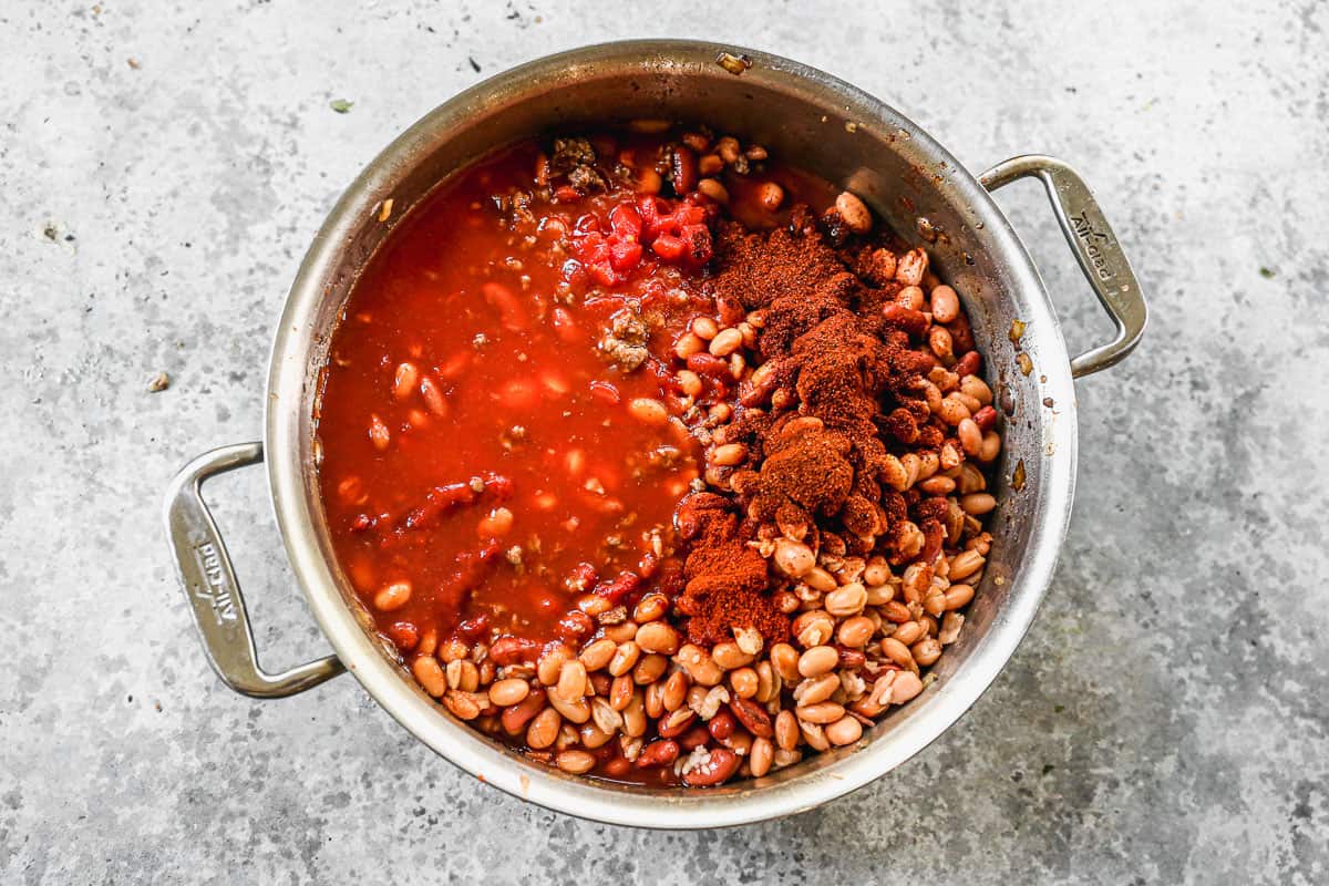 All of the ingredients dumped in a pot to make easy homemade chili.