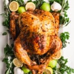 An oven baked Turkey covered in a garlic herb butter and roasted to perfection. It's placed on a hwite platter with fresh herbs, green apples, and lemons.