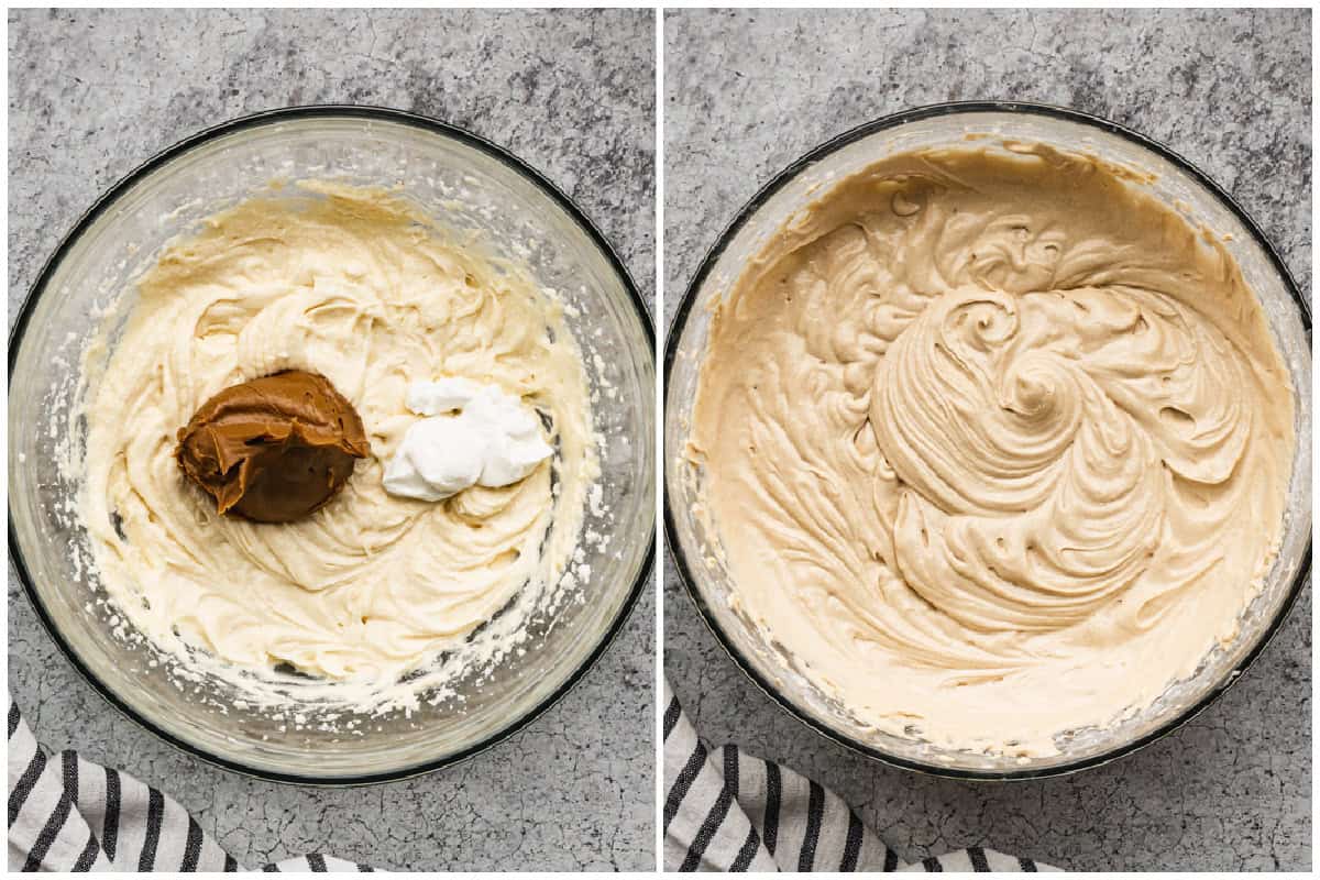 Two images showing a cake batter being made for a biscoff cake recipe.