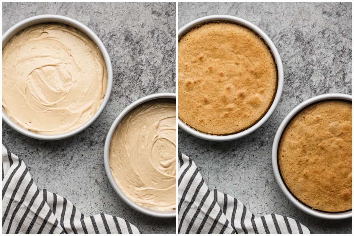 Two images showing two cake rounds before and after baking.