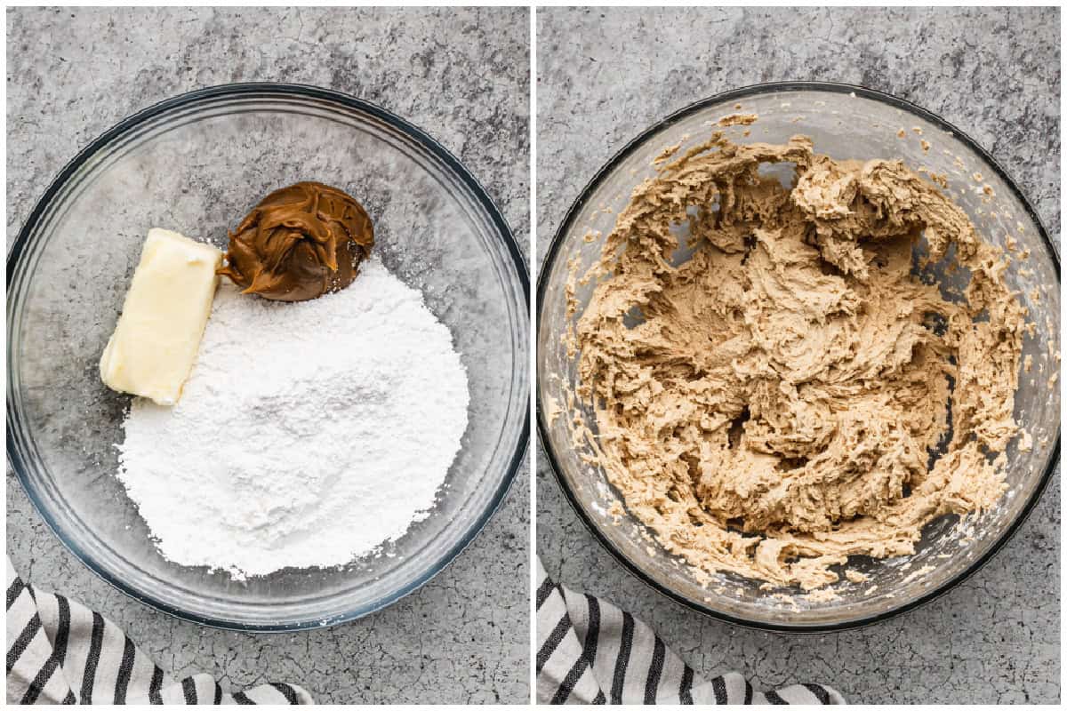 Two images showing powdered sugar, butter, and cookie butter before and after they are combined to make cookie butter frosting.