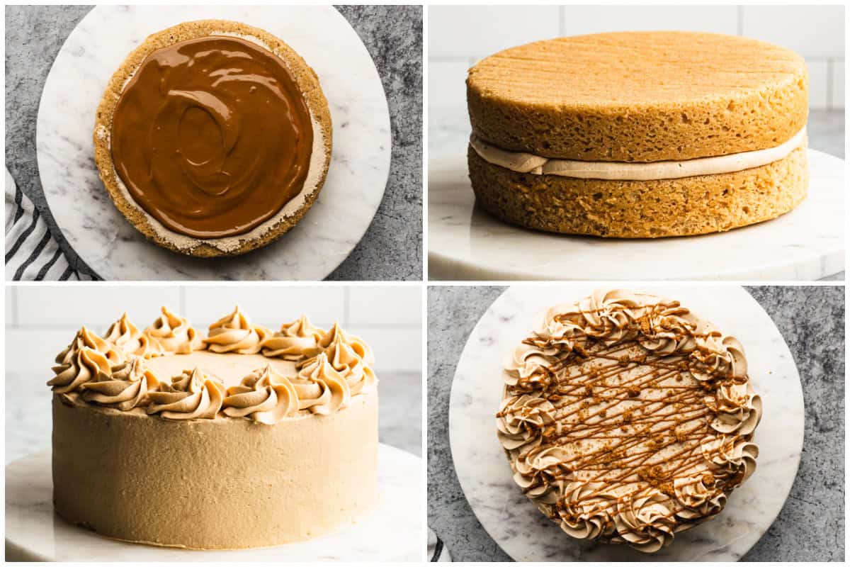 Four images showing how to assemble a cookie butter cake recipe by adding a cookie butter filling then frosting and decorating the cake with a topping of drizzled cookie butter and biscoff crumbs. 