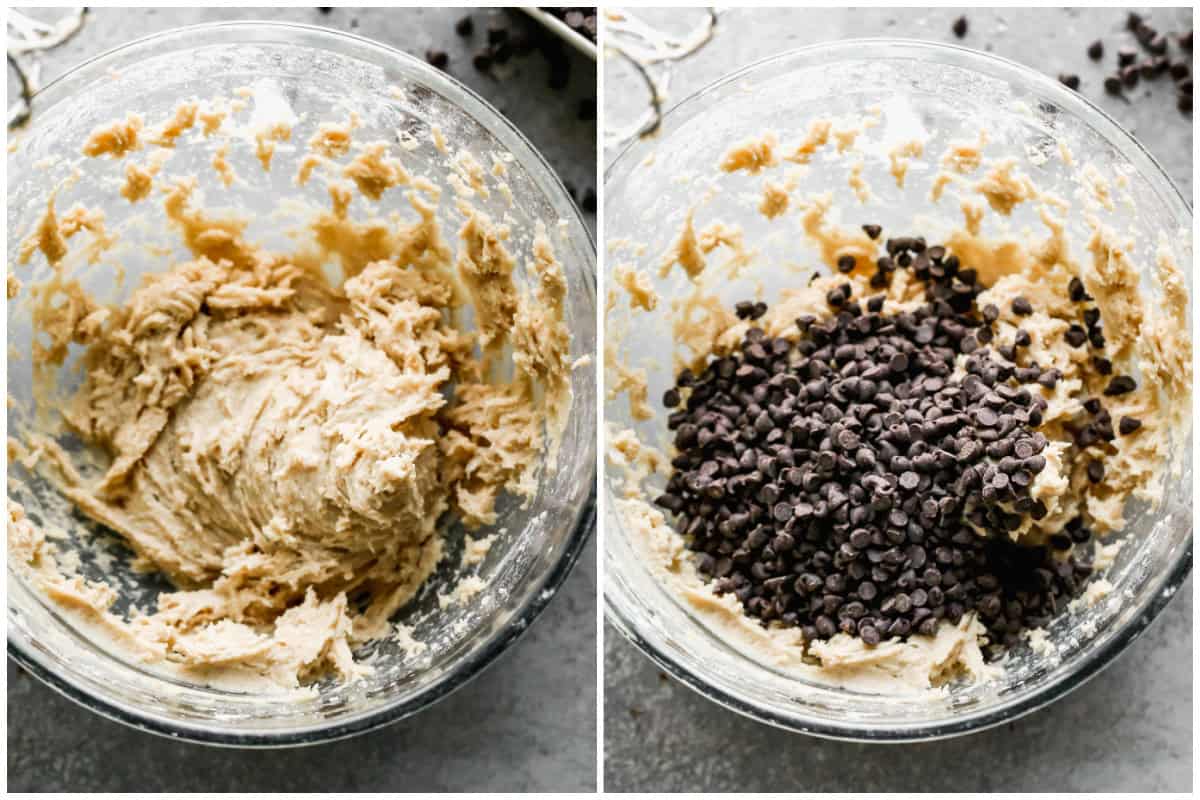 Two images showing the process of making an edible cookie dough with chocolate chips for a no-bake cookie dough truffles recipe. 