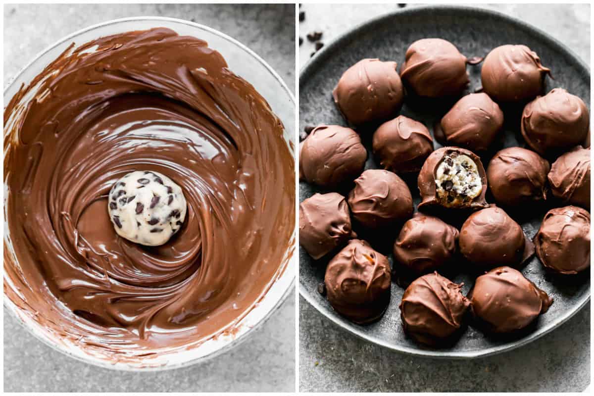 Two images showing balls of cookie dough being dipped in melted chocolate then after they are all dipped then the cookie dough chocolates served on a plate with a bite taken out of one. 