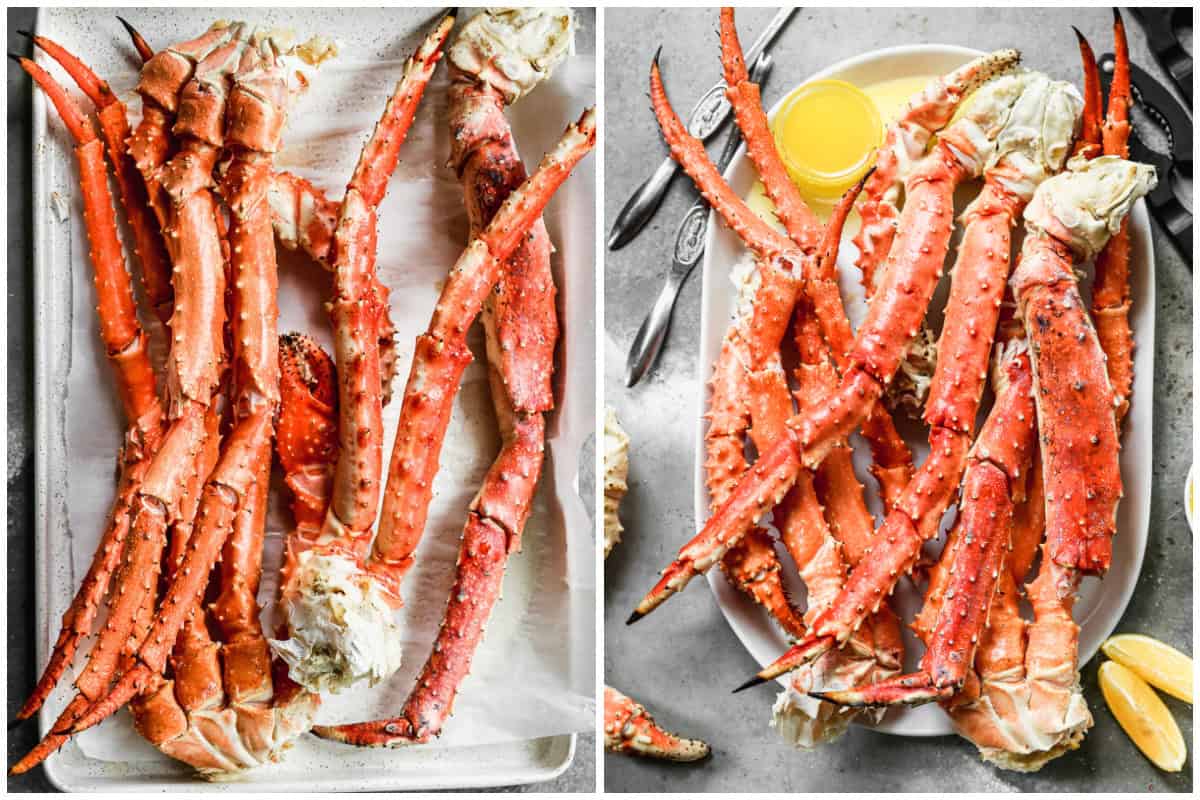 Two images showing how to cook king crab legs by heating them in the oven until hot then served with lemon wedges and melted butter. 