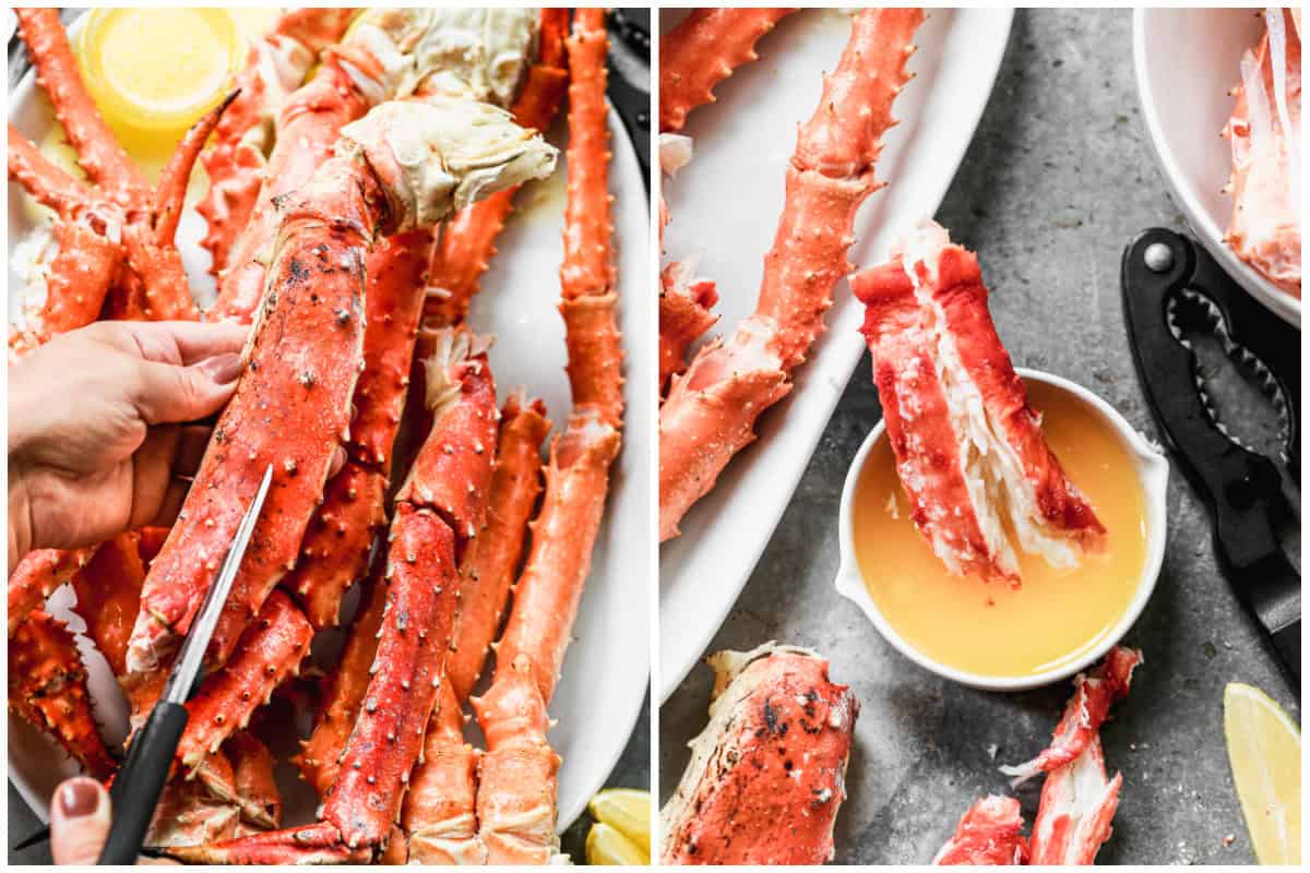 Two images showing how to crack a crab leg shell with kitchen shears, then the meat being dipped in melted butter. 