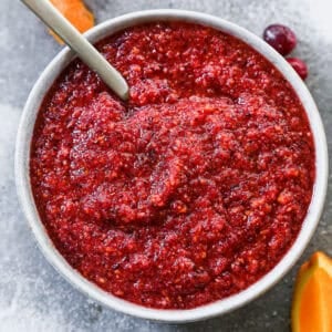 The best Cranberry Relish recipe in a bowl, processed until smooth.