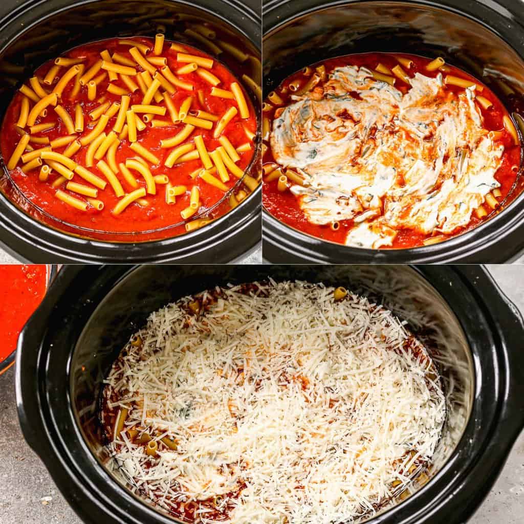 Three process photos for making baked ziti in the crock pot.