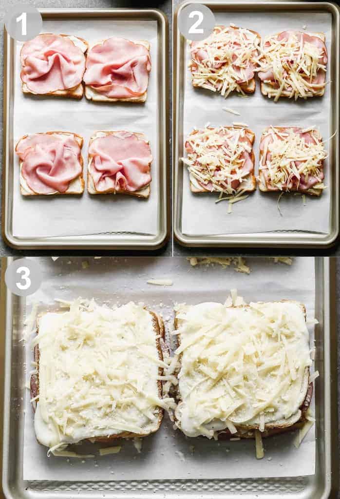 Three process photos for layering bread with béchamel, ham and cheese to make croque monsieur.