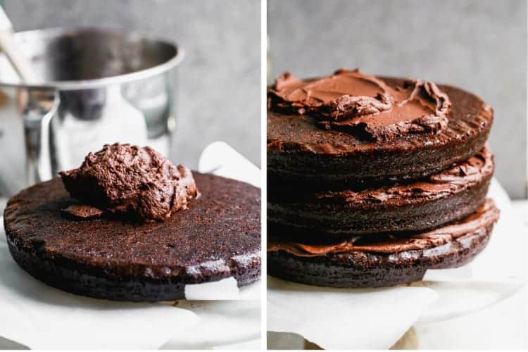 Two process photos of assembling a chocolate three layer cake with frosting in between the layers.