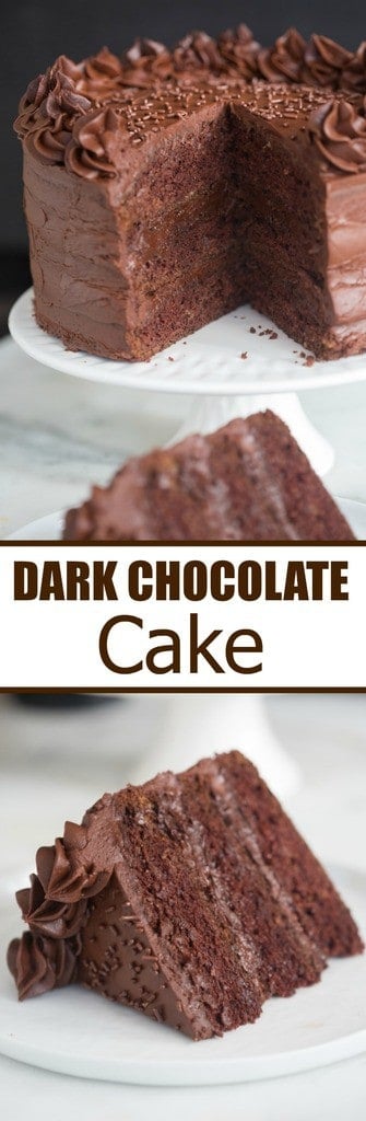 This is the Dark Chocolate Cake of my DREAMS! Tender, moist homemade chocolate cake with the best smooth, rich, dark chocolate frosting. | Tastes Better From Scratch