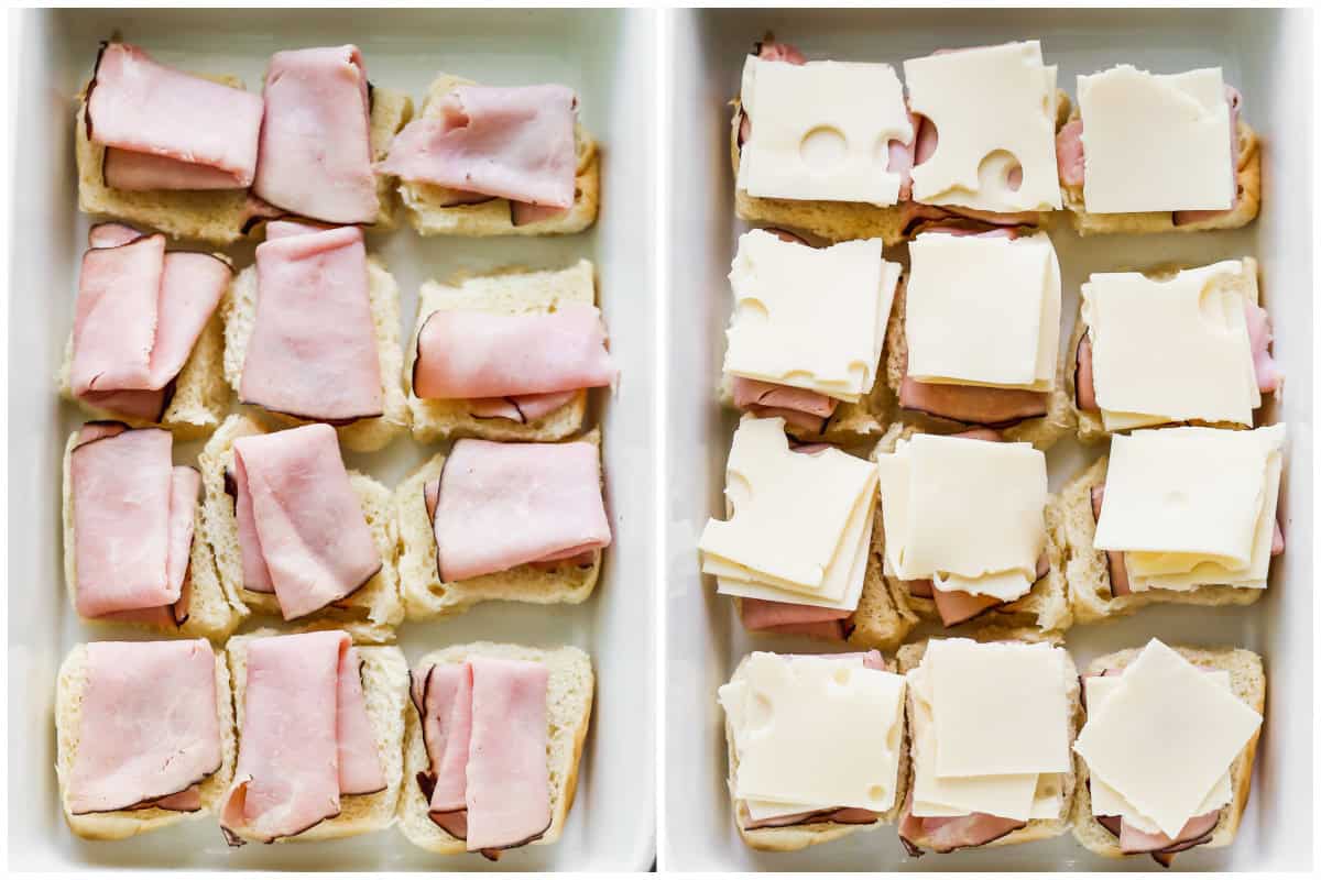 Two images showing how to make ham and cheese sliders by layering ham and Swiss cheese on the bottom of Hawaiian rolls. 