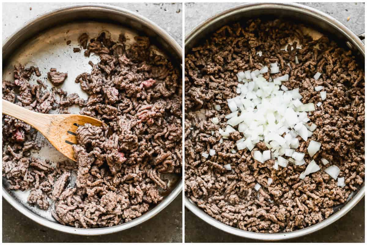 Two process photos for cooking ground beef in a skillet, then adding onion and spices to make hamburger gravy.