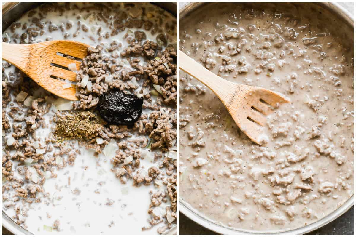 Two process photos for hamburger gravy with spices added, and the final gravy ready to serve.