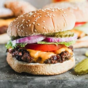 A juicy hamburger recipe with cheese, lettuce, tomatoes, pickles, and red onions ready to enjoy.