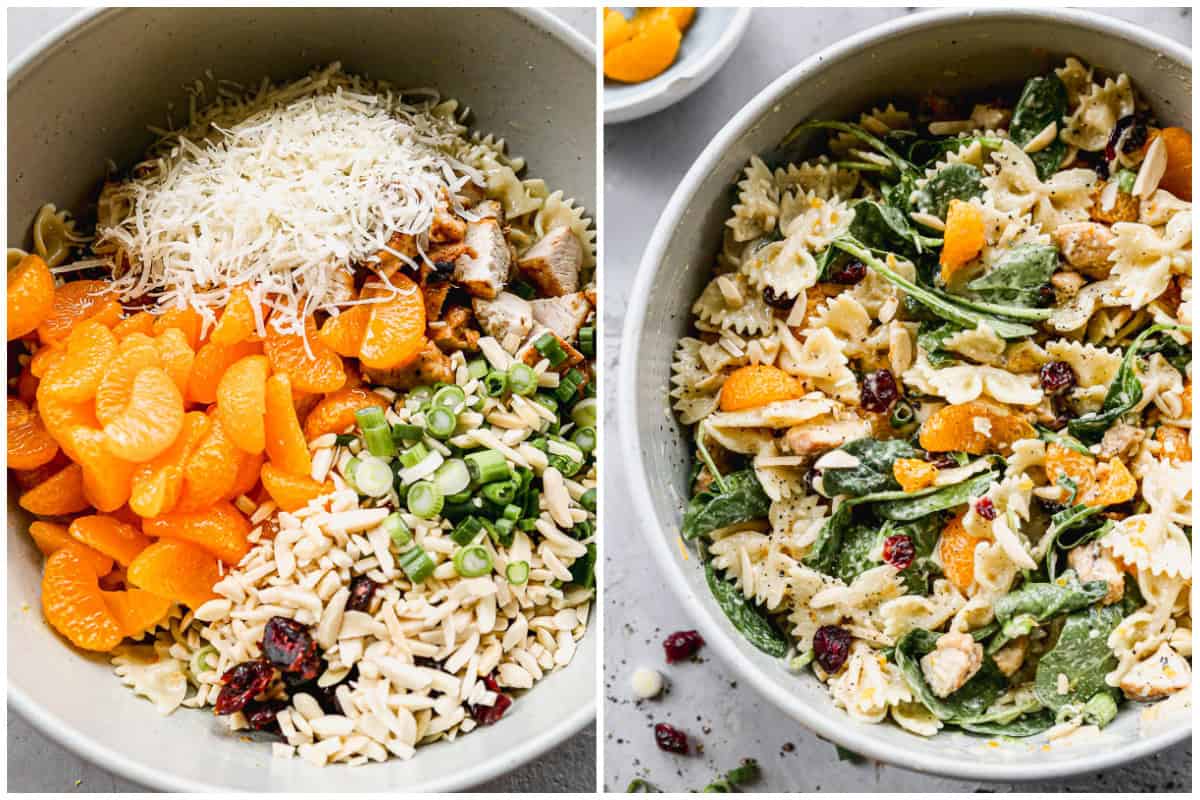 Two images showing how to make chicken pasta salad by combining all of the ingredients in a bowl and tossing them. 