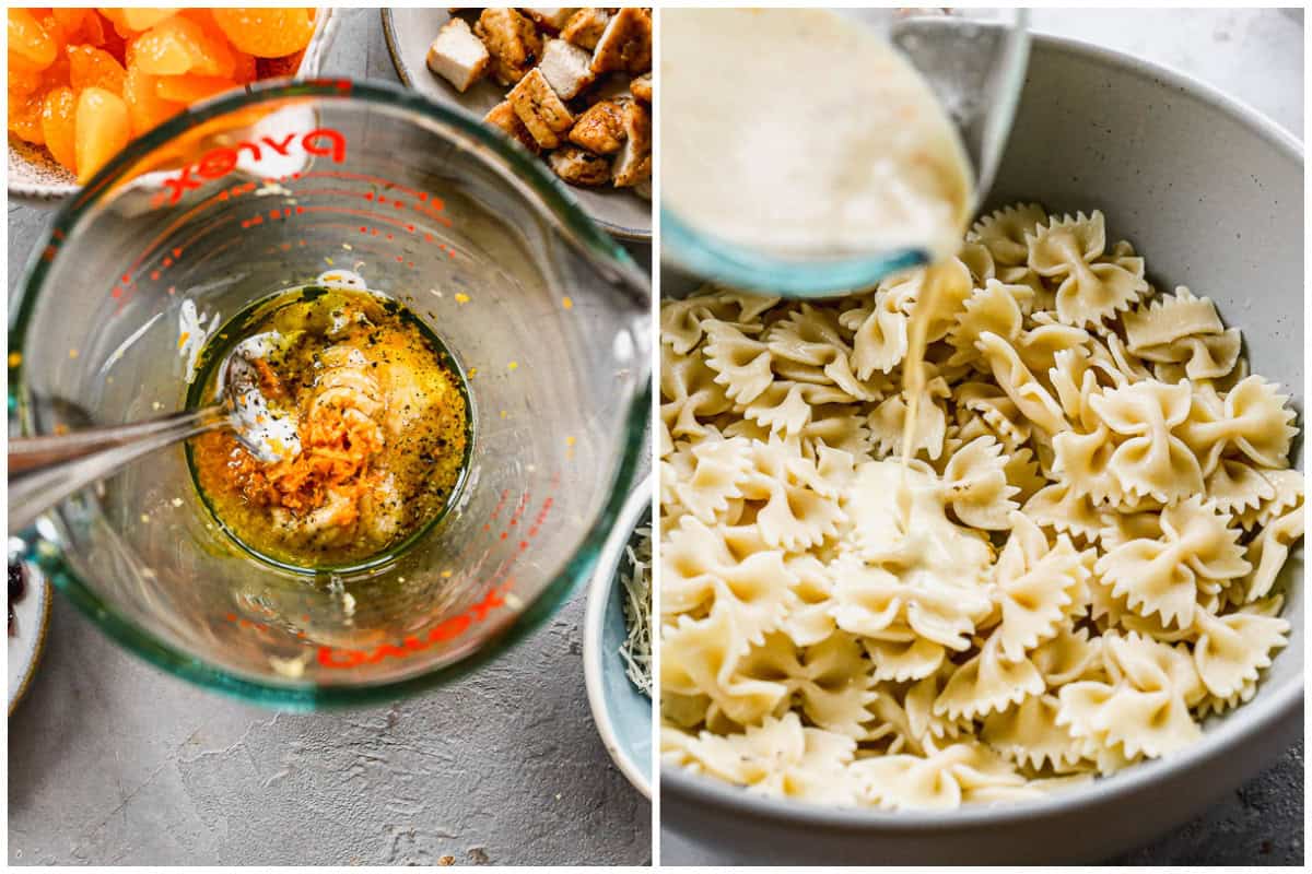 Two images showing an easy pasta salad dressing recipe being mixed then drizzled over cooked farfalle pasta. 