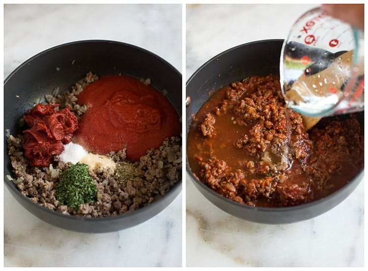 A saucepan with the ingredients to make homemade spaghetti sauce including tomato sauce, spices, ground beef, ground italian sausage, and onion, next to another photo of the sauce mixed together and water being added to it before it simmers.